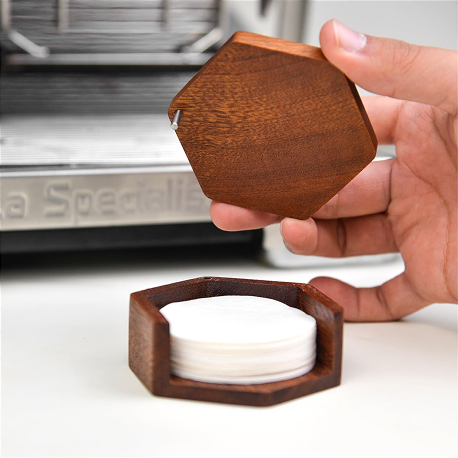 Kaffeefilter-Halter Holz Kaffee Filter Papier Lagerung Box Filter Halter 51mm 53mm 58mm 60mm Topf Filter Papier Massivholz Lagerung(Brown B)