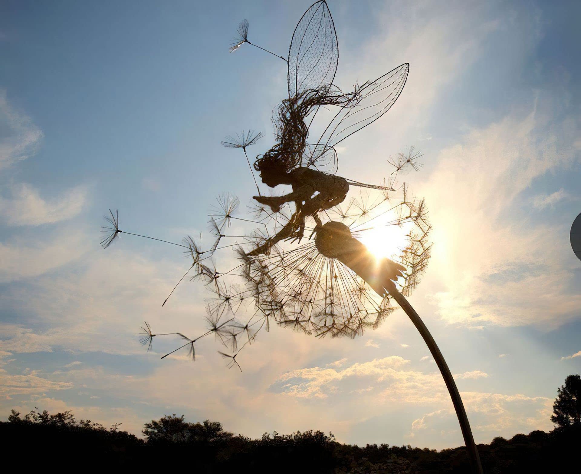 Fée et pissenlit dansent ensemble – Décoration de jardin en métal Fairy Bloom Décoration de jardin Mythique Jardin de fées Figurine de fées Pixies (A)