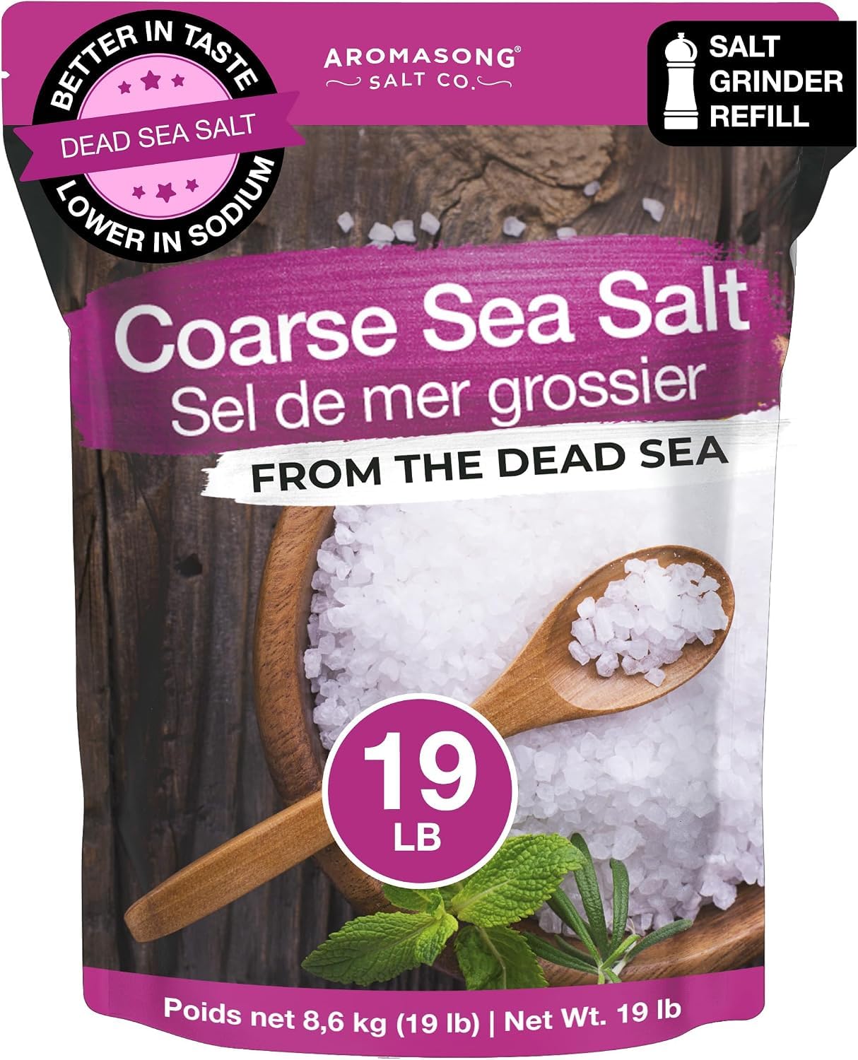 Aromasong 100% Natural Sea Salt Bulk Food Grade 19 Lb, Coarse Grain, Large Resealable Bag, Pure Gluten Free Unrefined Dead Sea Salt - Grinder Refill For Daily Cooking, Canning & Pickling. (Packaging May Vary)