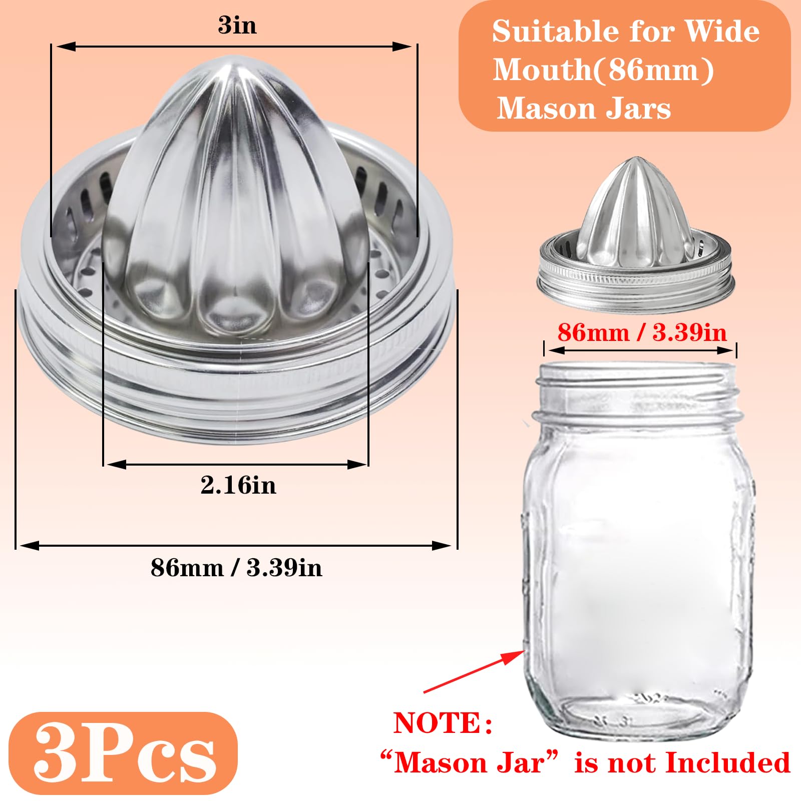 Bigwinyep Mason Jar Juicer Lid, 304 Stainless Steel Manual Citrus Juicer Squeezer Hand for 86mm Wide Mouth Mason Jar, Portable, 3Pcs