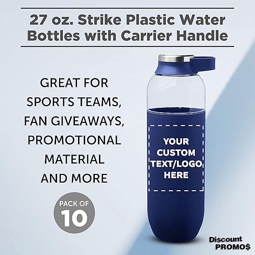 Miniatura 3 de DISCOUNT PROMOS Custom Strike - Botellas de agua de plástico con asa de transporte de 27 onzas, juego de 10, paquete personalizado a granel,