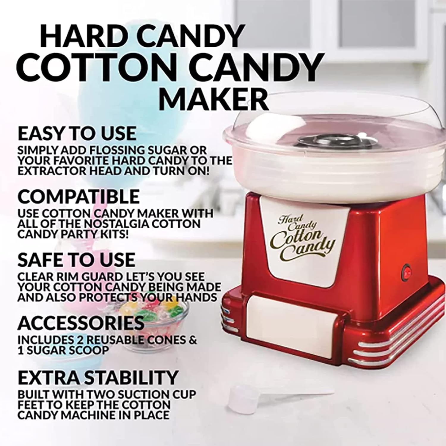 Candy Floss Machine Maker, Hard and Sugar Free Countertop Cotton Candy Machine, with Sugar Scoop and Marshmallow Sticks and Splash Plate, for Home Party Movie Theater and Birthday Gift
