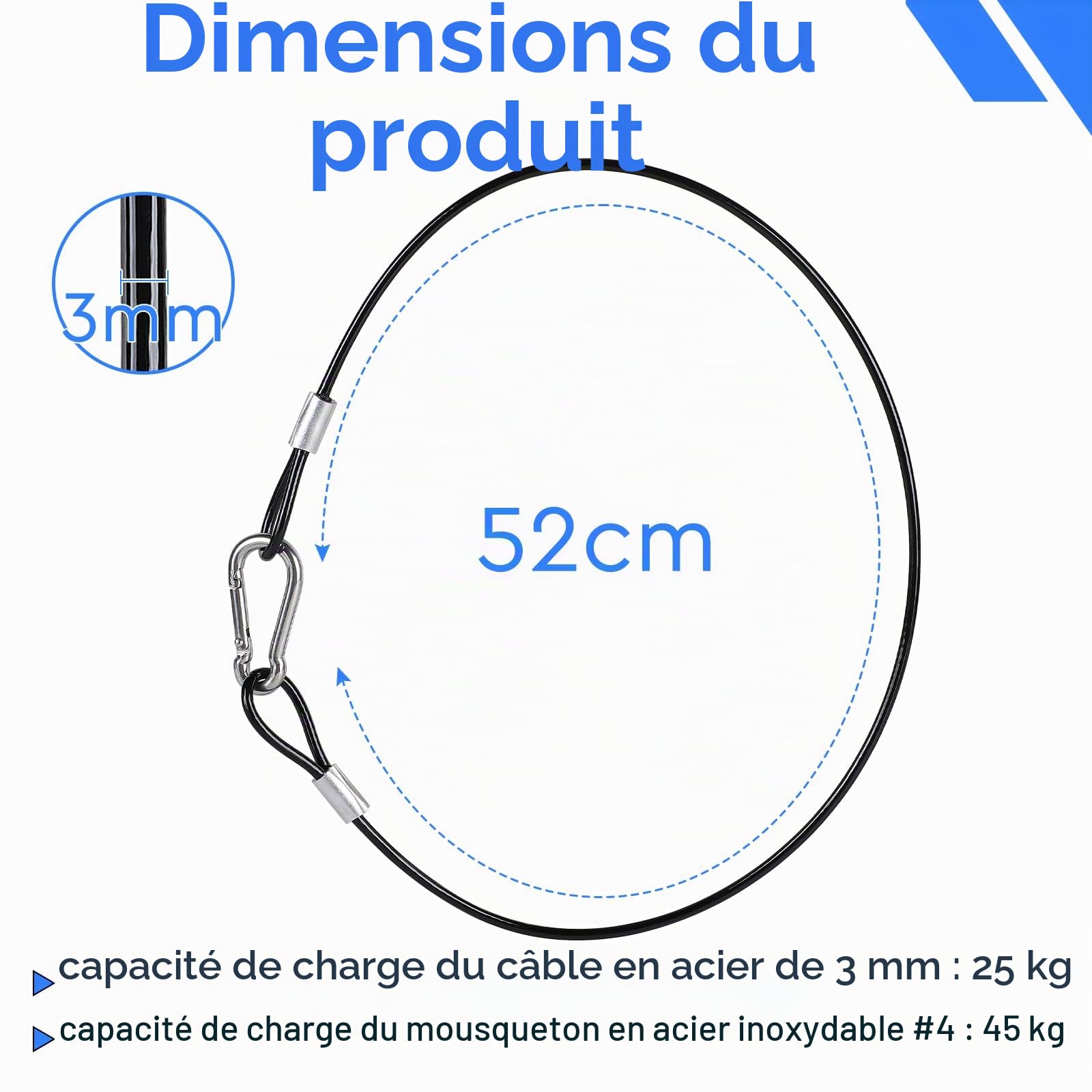 EFUTURETIME 10 x Câble de Sécurité 52 mm en Acier Inoxydable avec Mousqueton de Sécurité n° 4, Câble de Suspension 3 mm avec Gaine en PVC Transparente, Capacité de Charge de 25 kg