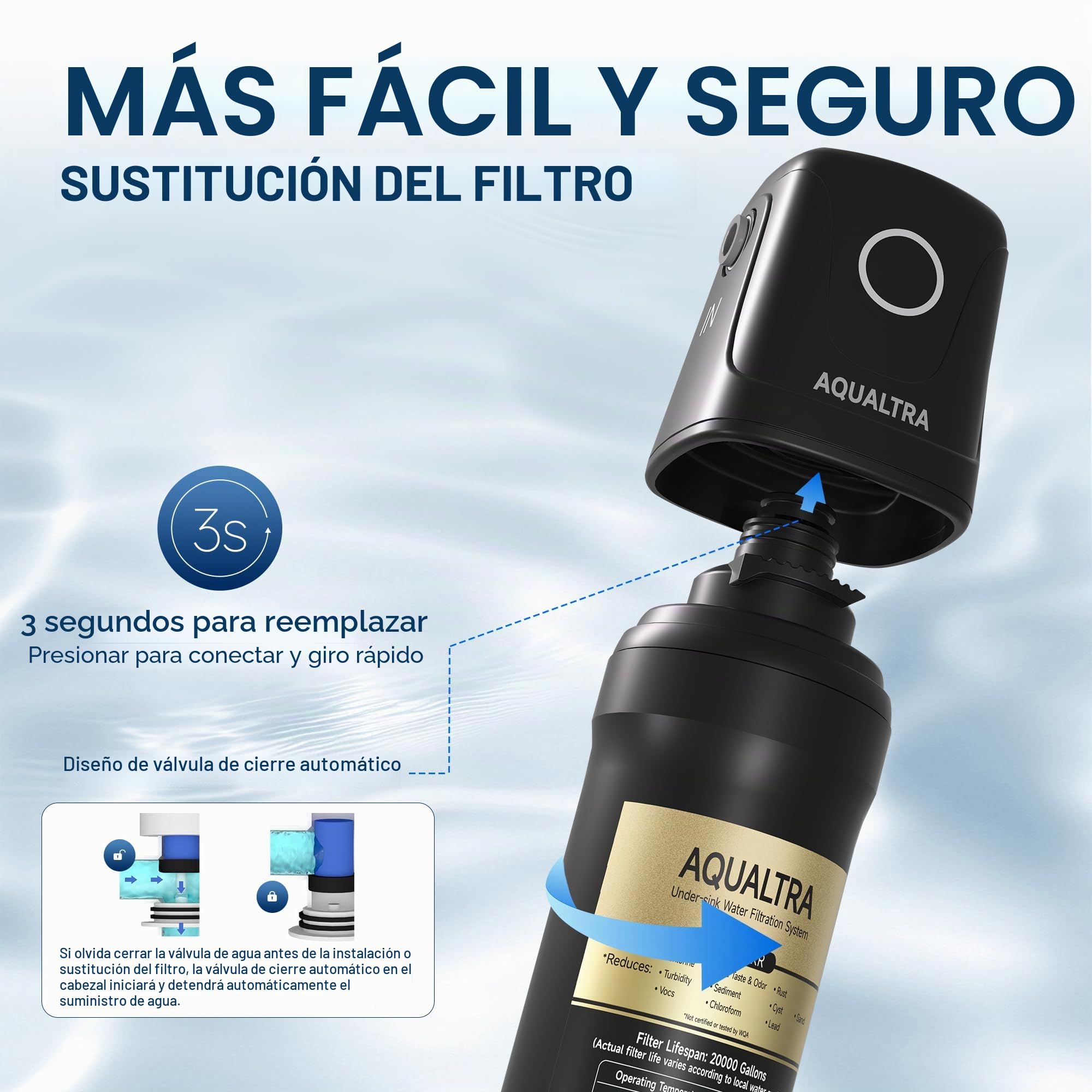 AQUALTRA USF01-BK Sistema bajo fregadero, 45400L, certificado NSF/ANSI/CAN372, reduce PFOA, PFOS, cloro, plomo, mercurio, cloramina, fluoruro, microplásticos, mal sabor & olor