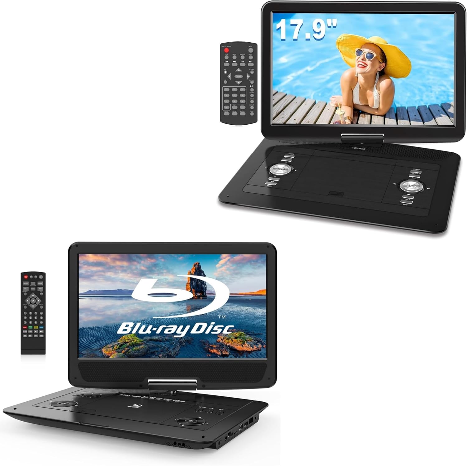 WONNIE Portable Blu-ray Player and Portable DVD Player with 15.4" Large HD Swivel Screen Bundle