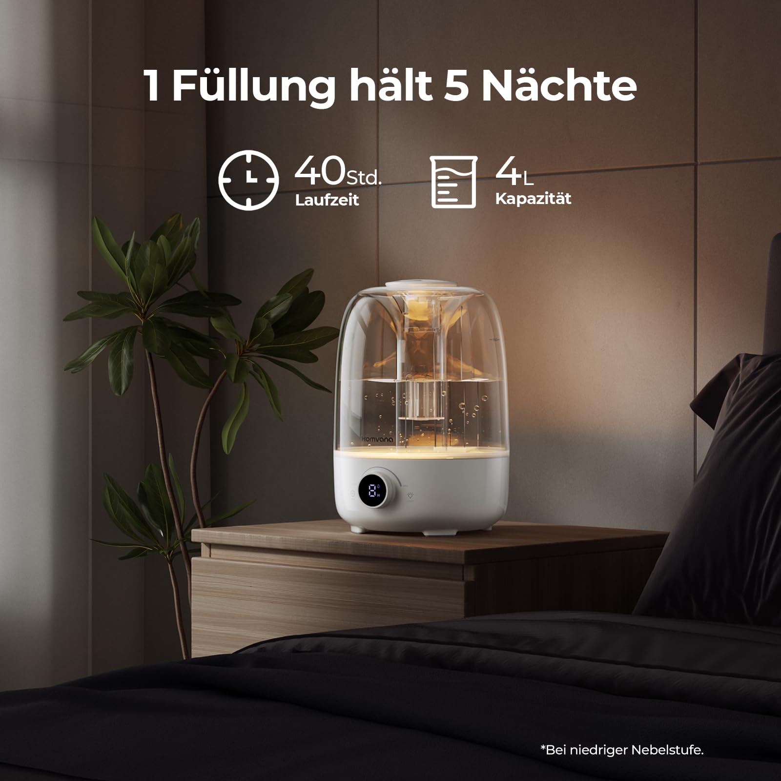Homvana Top-Fill 4L Humidificador Bebes Mocosy Tos, Cool Mist Silencioso | 40 Horas de Funcionamiento, con Bandeja de Aroma, Oil Difusor, BPA Free Bebés y Plantas, 7 Color Light, Sleep Mode (Blanco)