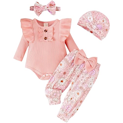 GDTOGRT Baby Girl Clothes Infant Newborn Outfits Romper Pants Cute Bow Headband Hat Sets for Baby Girls (0-3-6-12-18 Months)