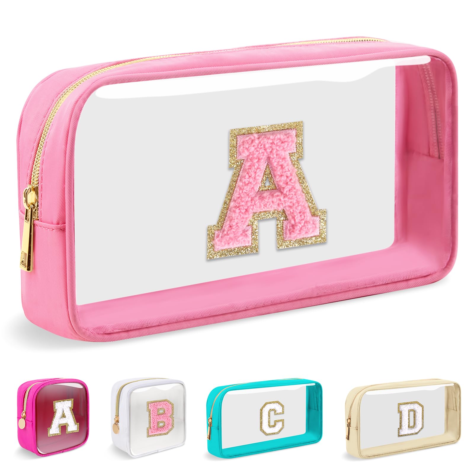 Small Clear Personalized Initial Makeup Bag,Nylon Preppy A-Z Chenille Letter Patch Cosmetic Pouch Beach Toiletry Bag,Waterproof Zipper Travel Purse