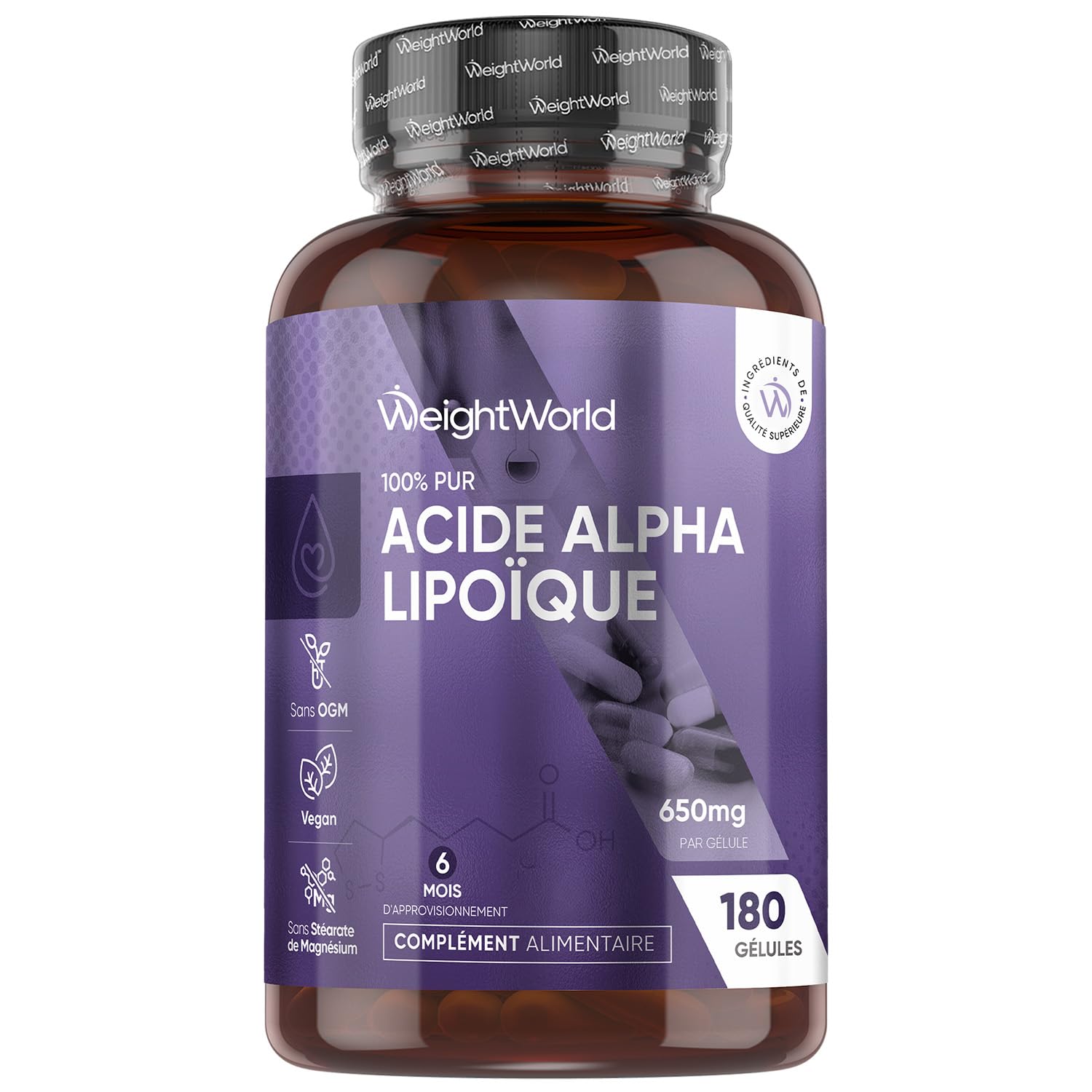 Acide Alpha-Lipoïque Pur ALA 650mg - 180 Gélules Vegan AAL (pour 6 Mois)
