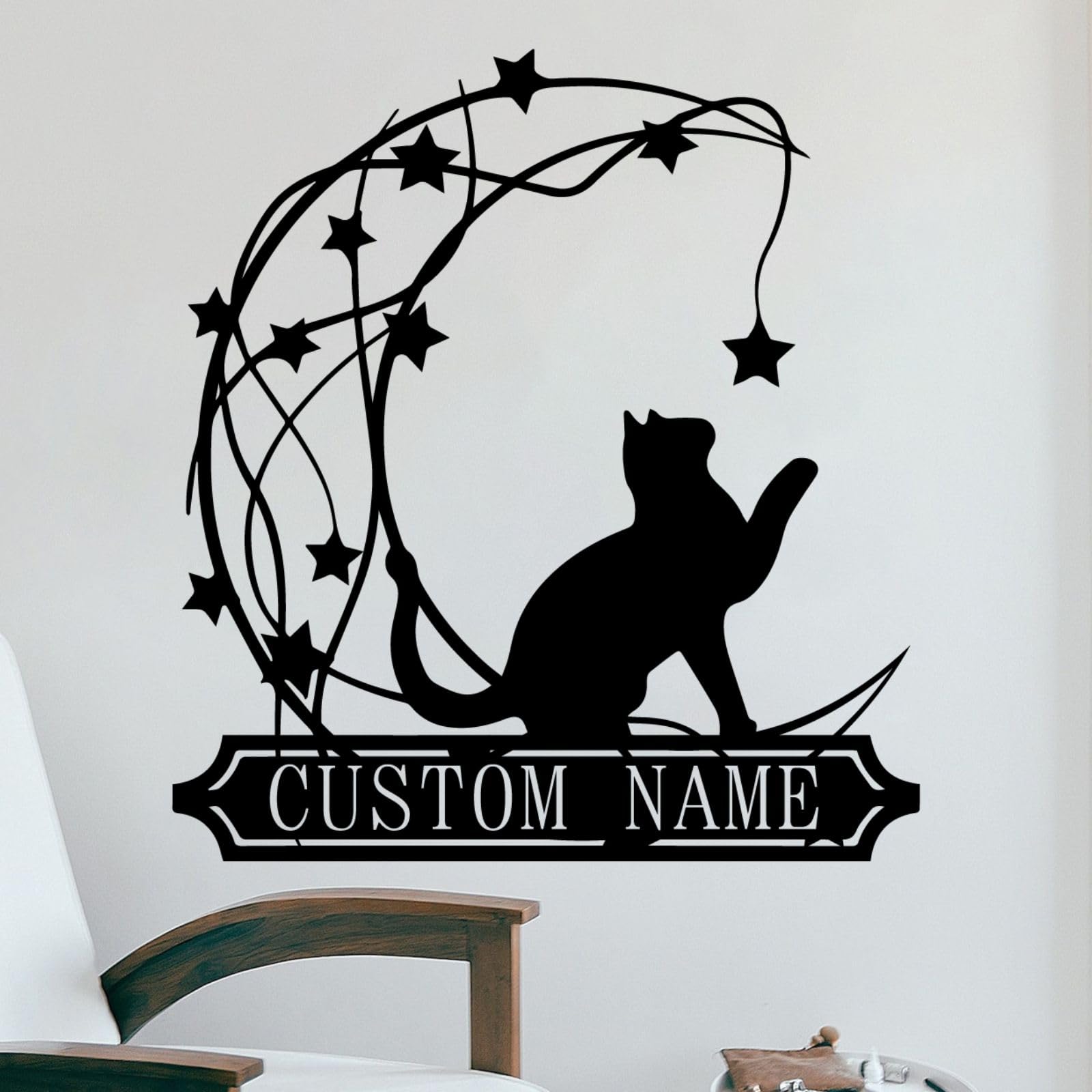BEVUVA Custom Moon Cat Metal Wall Art, Personalized Cat Name Sign Decoration For Room, Cat Metal Home Decor, Custom Cat, Moon Cat Metal Wall Decor (