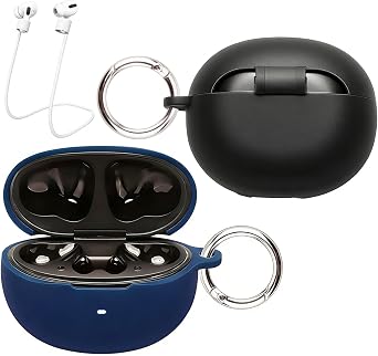 [2 Pack] easyBee Case Compatible with QCY MeloBuds N70 Earbuds Charging Cover, 2 Keychain Anti-Lost Strap, Soft Liquid Silicone Ultra Thin Shockproof Protective Kit - Black and Blue