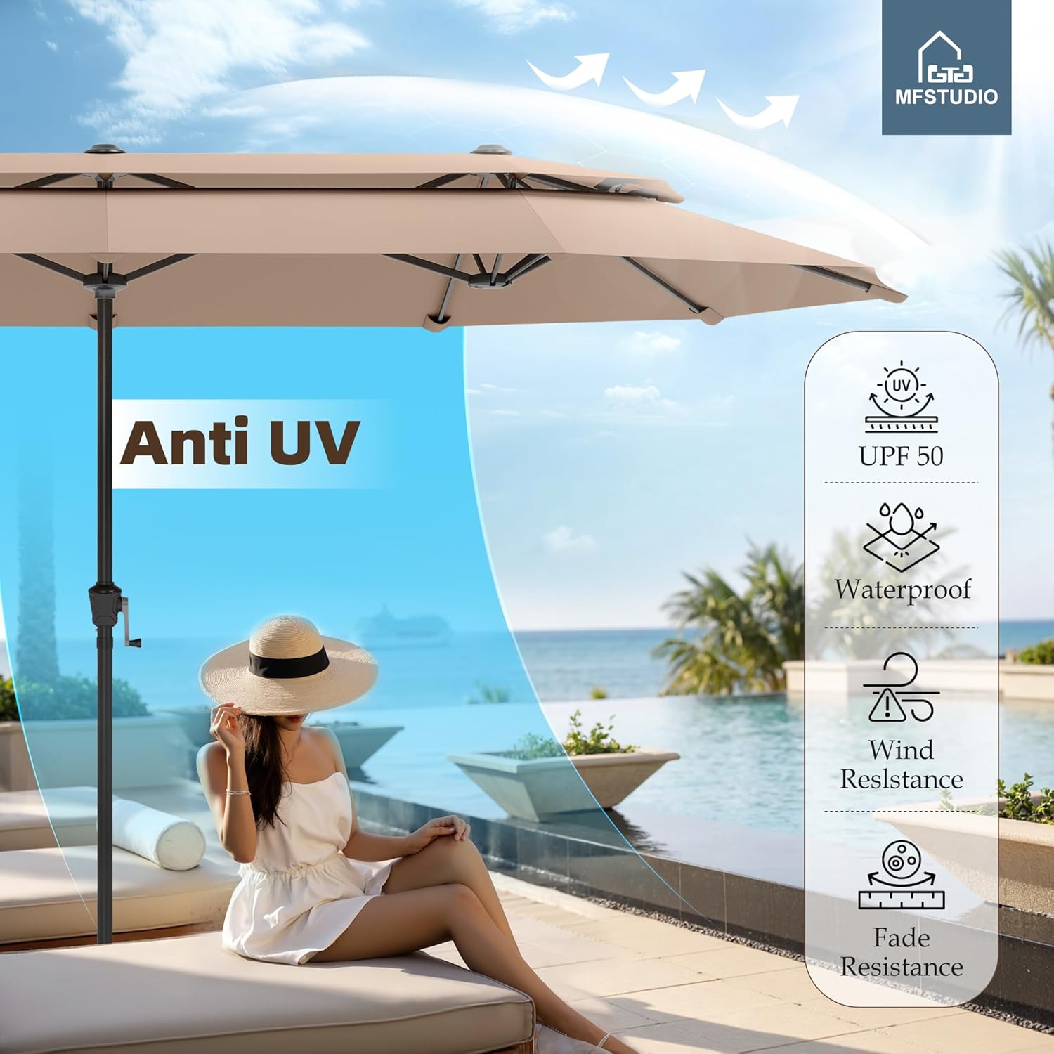 MFSTUDIO 13 ft Patio Umbrella with Base, Double-Sided Outdoor Umbrella, Market Umbrella Outdoor Table Umbrella with Ventilation for Patio, Poolside, Garden, Yard, Deck (Beige)