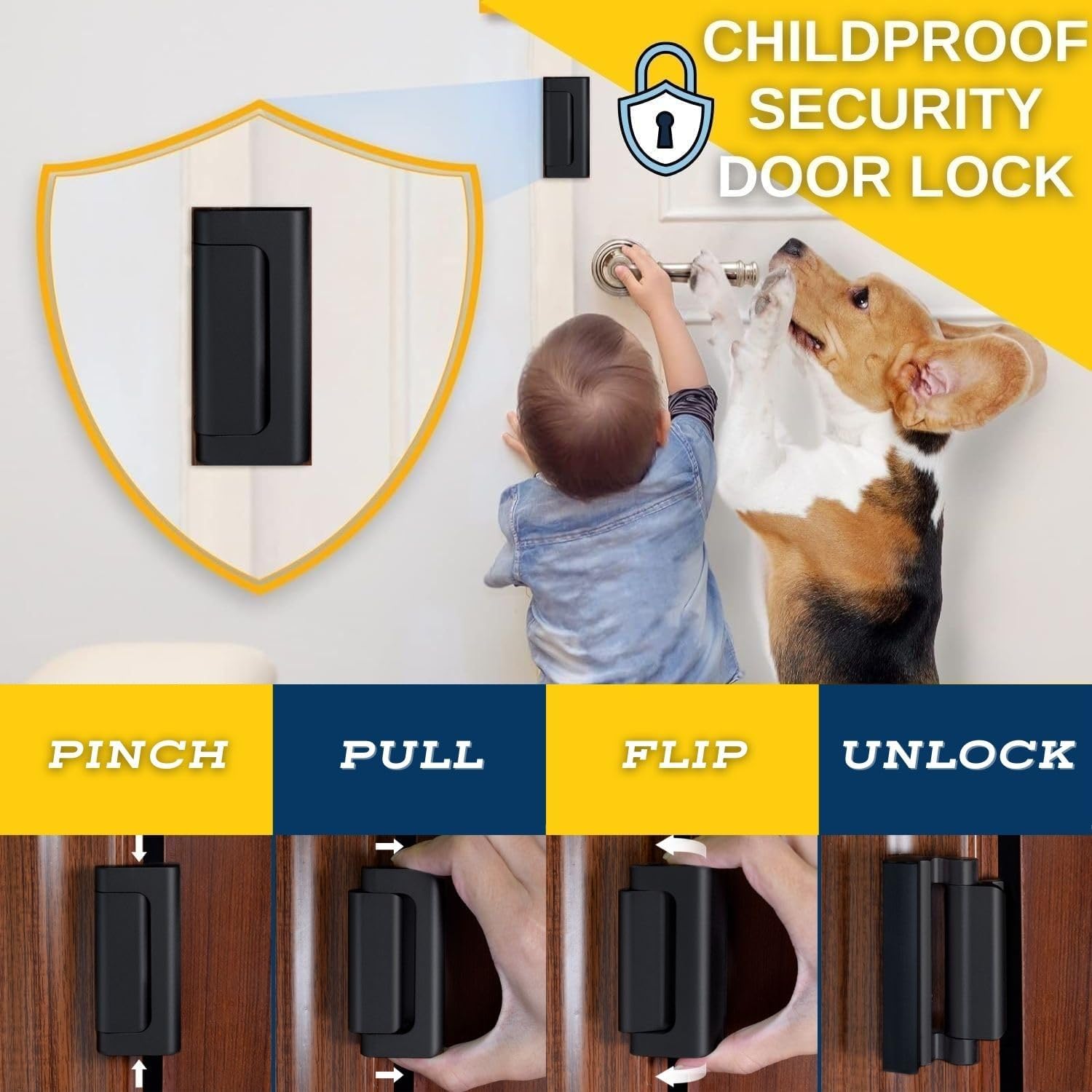 Home Security Door Lock, Child Proof Door Reinforcement Lock with Glow Tape for Inward Door, Front Door, Bedrooms (Black)