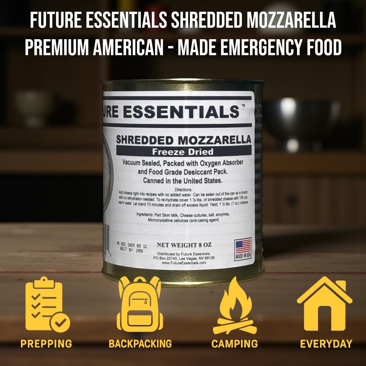 Future Essentials Freeze Dried Shredded Mozzarella Cheese – Real Dairy Mozzarella Cheese Shredded – Long Shelf Life Emergency Food – Easy to Use in Recipes & Made in the USA – 8 oz #2.5 Can