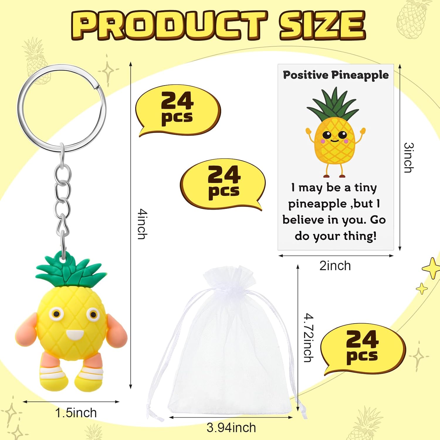 Tondiamo 24 Set Pineapple Positive Keychains bulk Gift Emotional Encourage Support Keychains with Funny Card Graduation Employee Appreciation Gift - Image 2