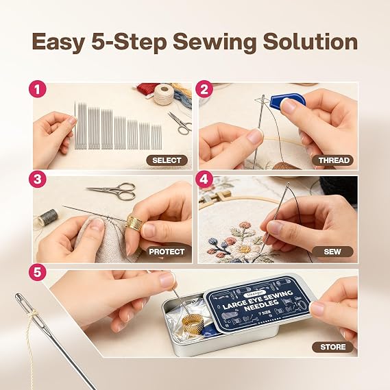 CLEANGOR 70Pcs Sewing Needle Set, 7 Size Large Eye Hand Sewing Needles Kit
