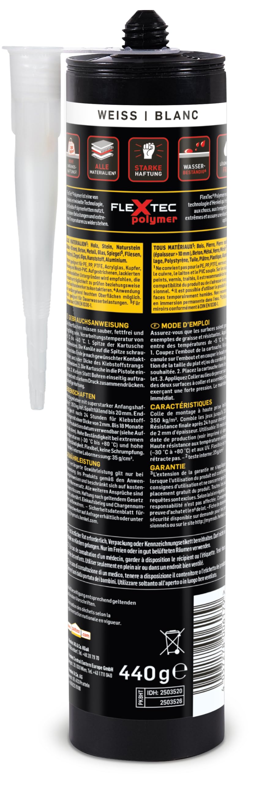 Pattex Colle au lieu de percer High Tack, colle de montage et colle de construction à haute adhérence initiale, colle forte pour presque toutes les surfaces, colle polyvalente flexible, cartouche de