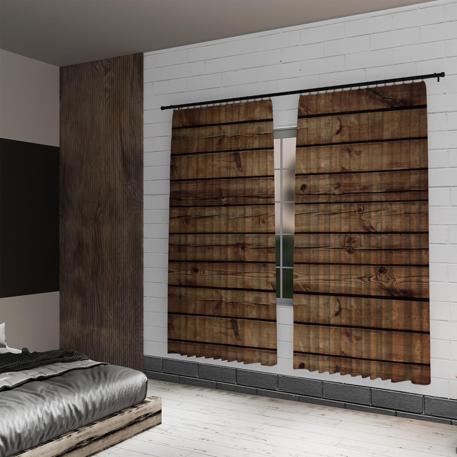 Cortina rústica de Madera para Ventana Tablones de Madera Cortinas Marrón Decoración de Estilo Rural Sala de Estar Temática campestre Vaquero Cortina divisoria Interior 117x138cm, 2 Paneles