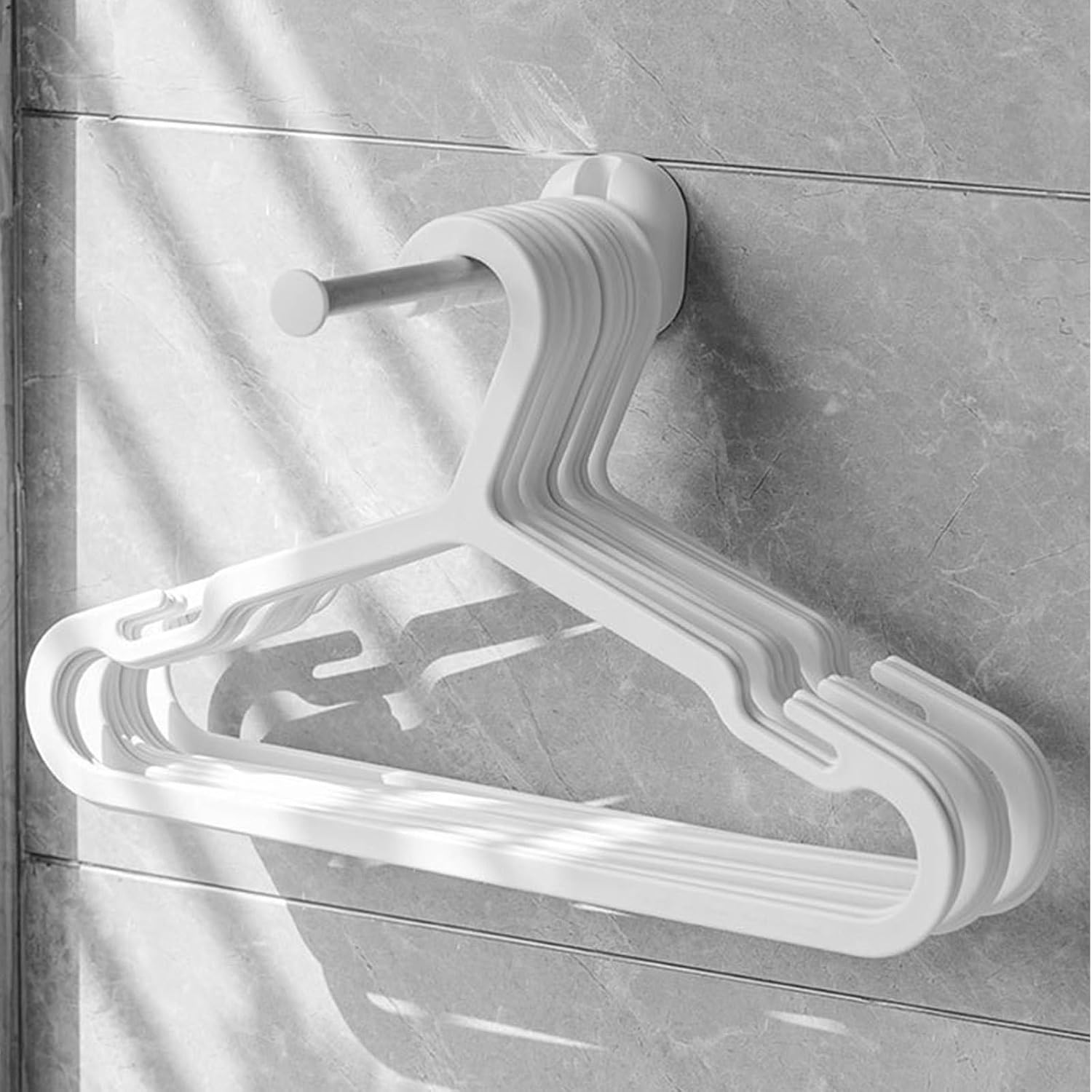 Punch-Free Wall Mounted Clothes Hanger Holder with Telescopic Stainless Steel Hooks for Household Storage and Organization in White