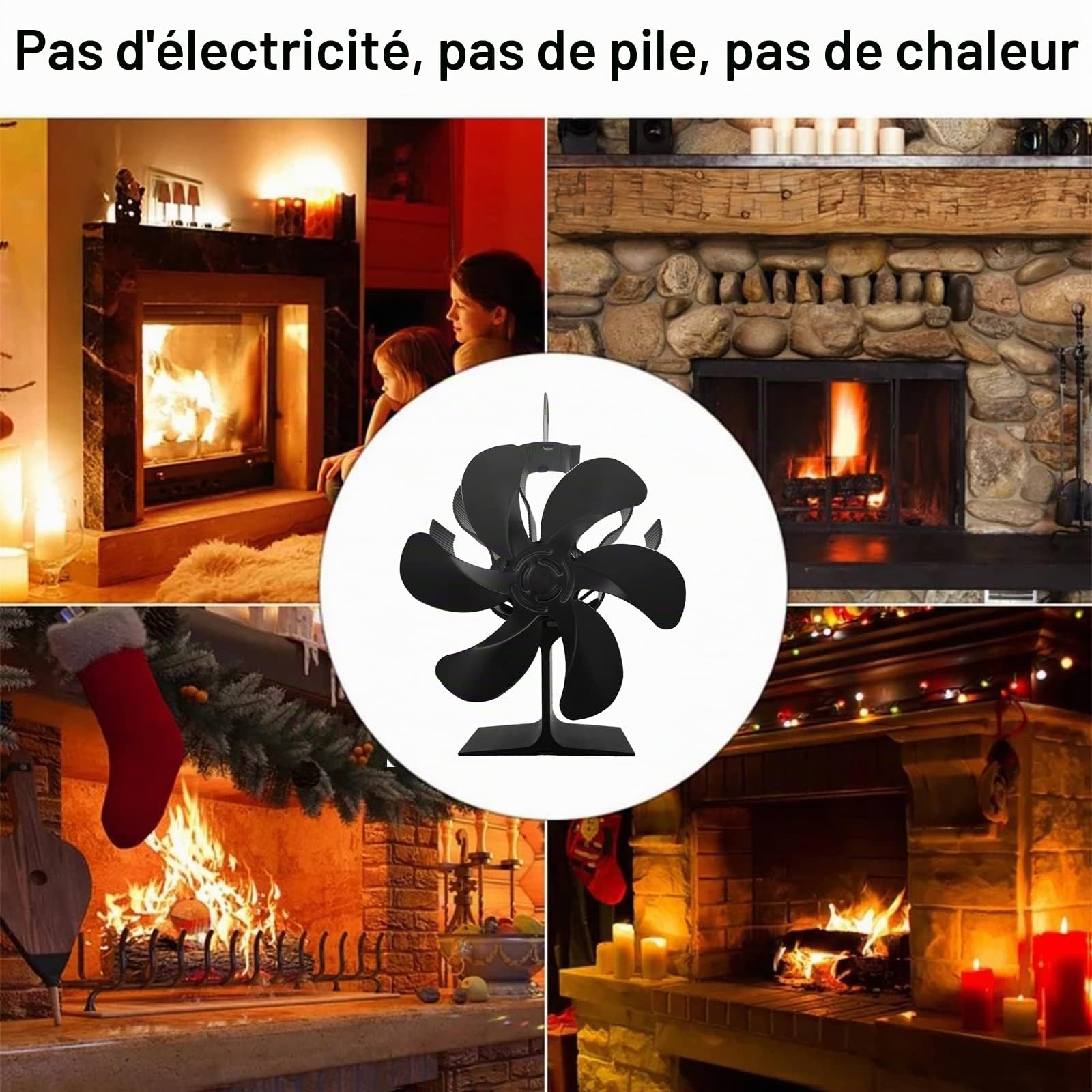 Ventilateur de Poêle à Bois à 6 Pales,Ventilateur de Cheminée,Ventilateur Sans Puissance,Ventilateur de Poêle à Chaleur