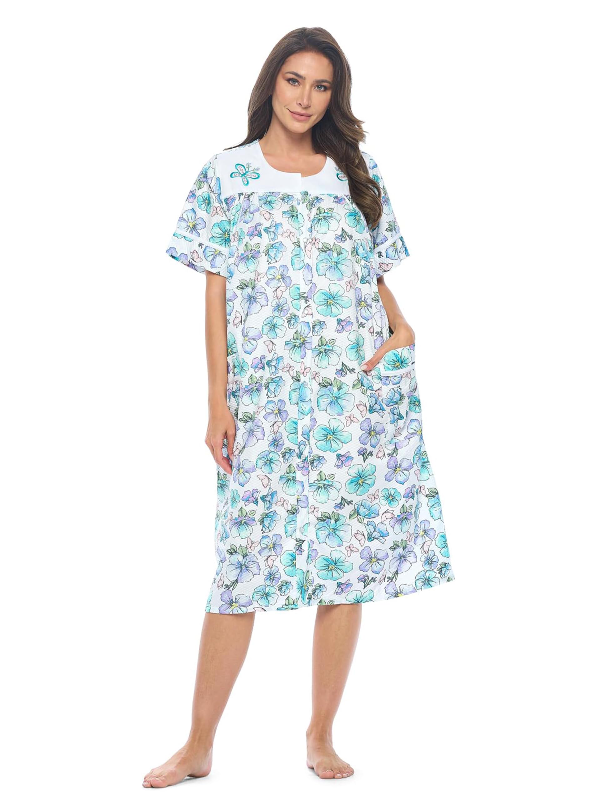 Casual Nights Women's Snap - Front House Dress Short Sleeve Woven Housecoat Duster Lounger Robe with Pockets