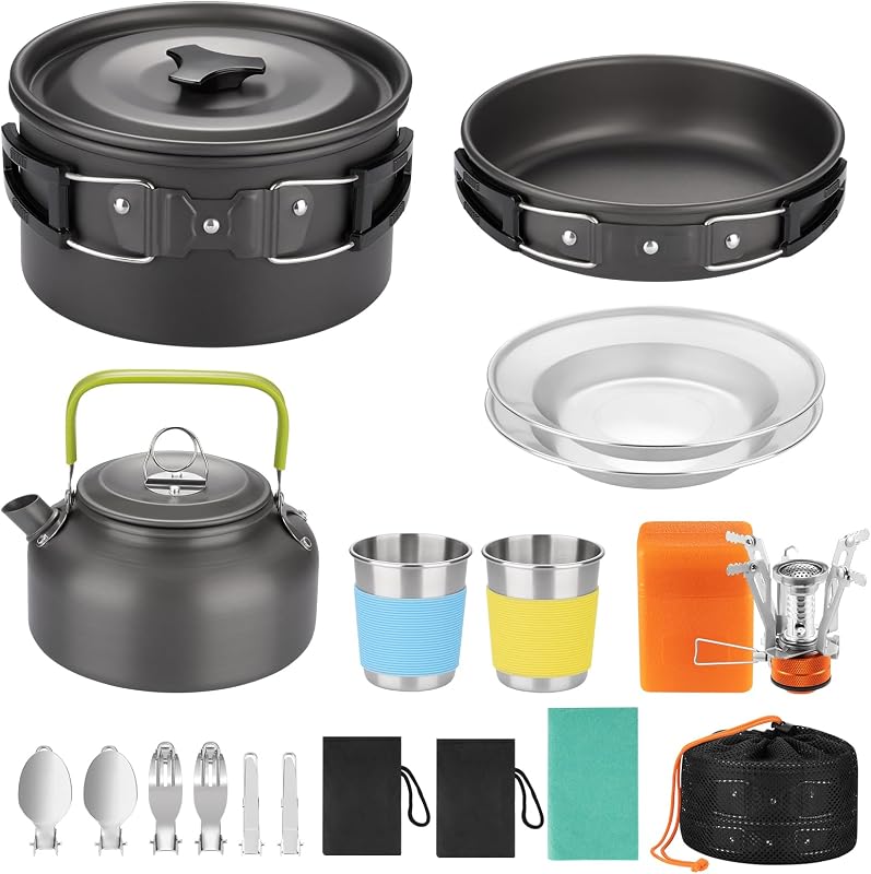 18pcs Camping Cookware Kit, Nonstick Pots Pans and Kettle Set | nonstick camping cookware set with kettle, cups, plates, and utensils for backpacking, hiking, and camping