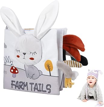Baby Books, Soft Crinkle Cloth Sensory Toy High Contrast Soft Book, Fabric Touch and Feel Activity Early Development Toy Infant Boy Girl Shower Present Rabbit