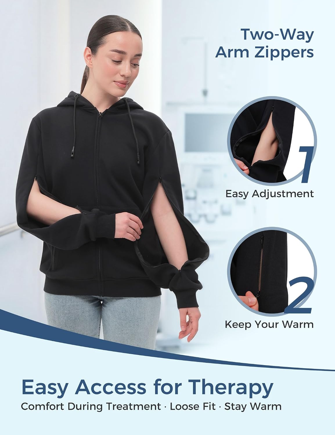 Dialysis Hoodie with Eye Mask Two Way Arm Zippers for Port Access