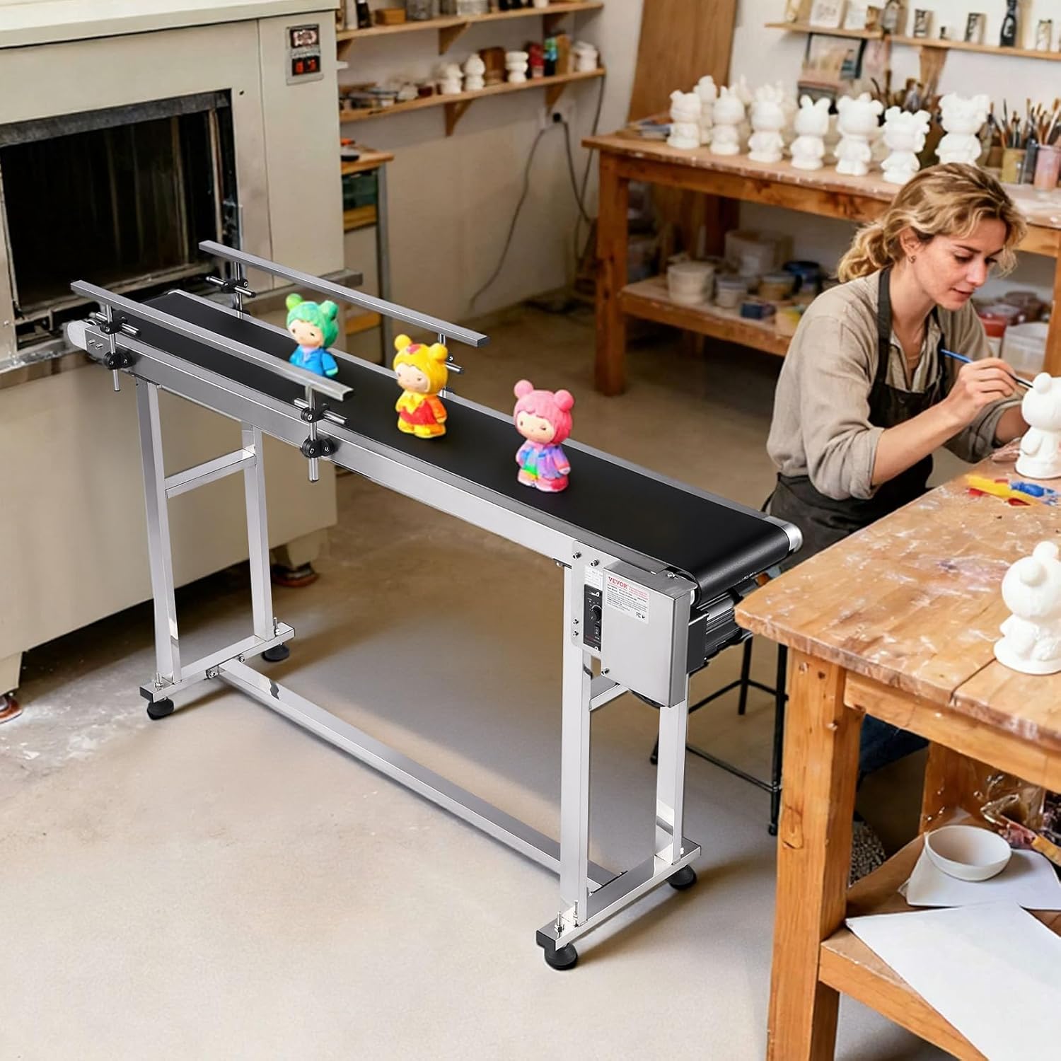 VEVOR Belt Conveyor, 59 x 7.8 inch Conveyor Table, Stainless Steel Motorized Belt Conveyor PVC Belt Anti-Static Adjustable Speed (Double Guardrail)