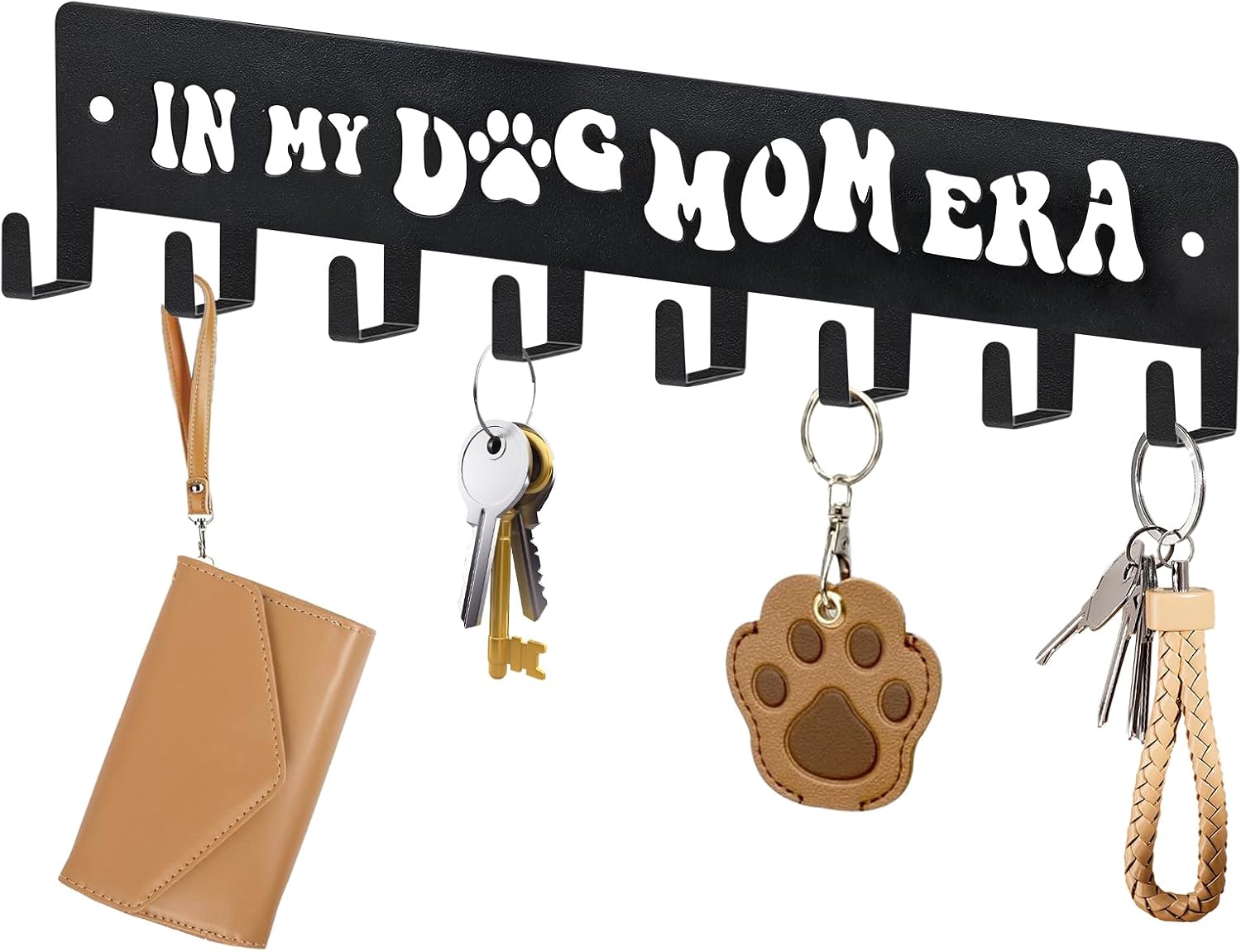 Black Modern Key Holder, 8 Hooks, 11.8x2.56 Inch, Iron, Wall Mount, Dog Leash Holder, Gifts for Dog Lovers