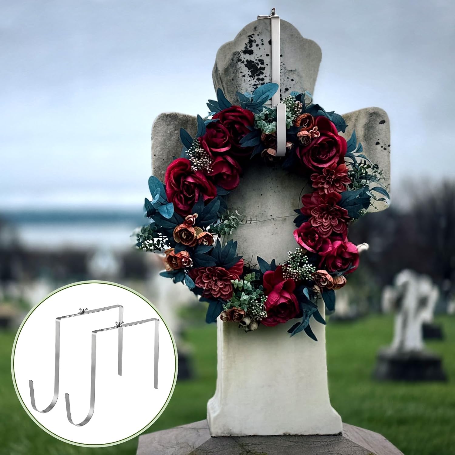 Therwen 2pcs Christmas Headstone Wreath Hanger Stands Gravestone Adjustable Cemetery Wreath Holder 6"-11" Metal Grave Stone Tombstone Planter Holders for Christmas Easter Memorial Day(Silver)