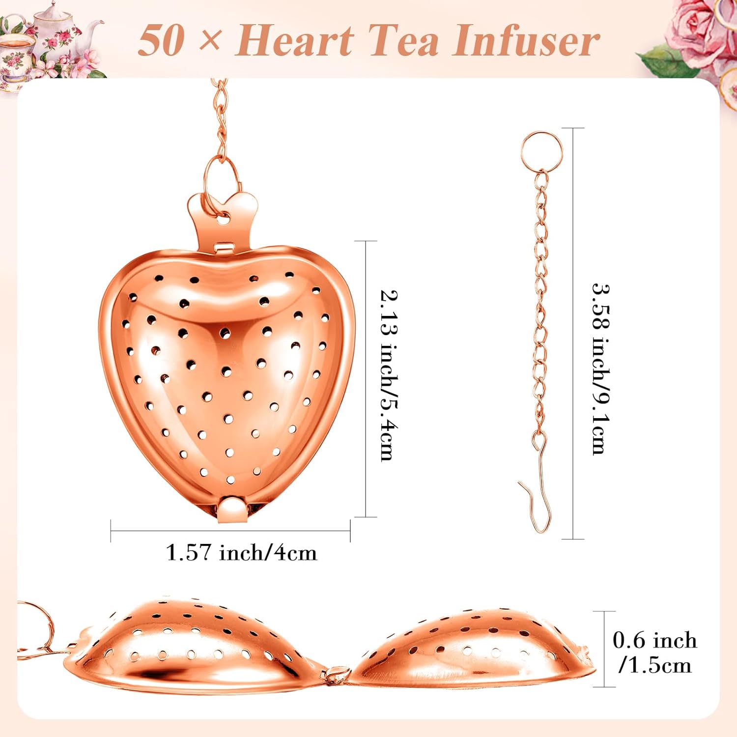 Qinyoung 50 Sets Bridal Shower Tea Party Favors for Guests Party Heart Infuser Spoon Steeper for Loose Tea with Thank You Cards Organza Bags Wedding Souvenir (Rose Gold)