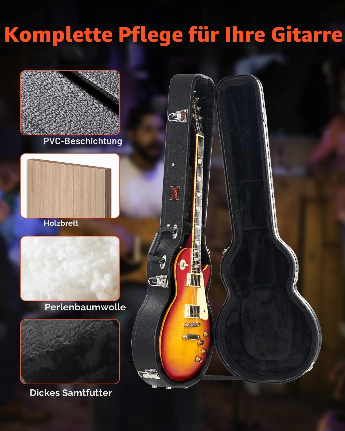 VEVOR Gitarrenkoffer, 105 cm kürbisförmiger Hartschalenkoffer für Gitarre, mit Schloss, Riegel, Schlüsselgriff, PVC-Polsterung, case, Hartschalen-Gitarrenkoffer, für 99 cm Les Paul-Gitarren, Schwarz