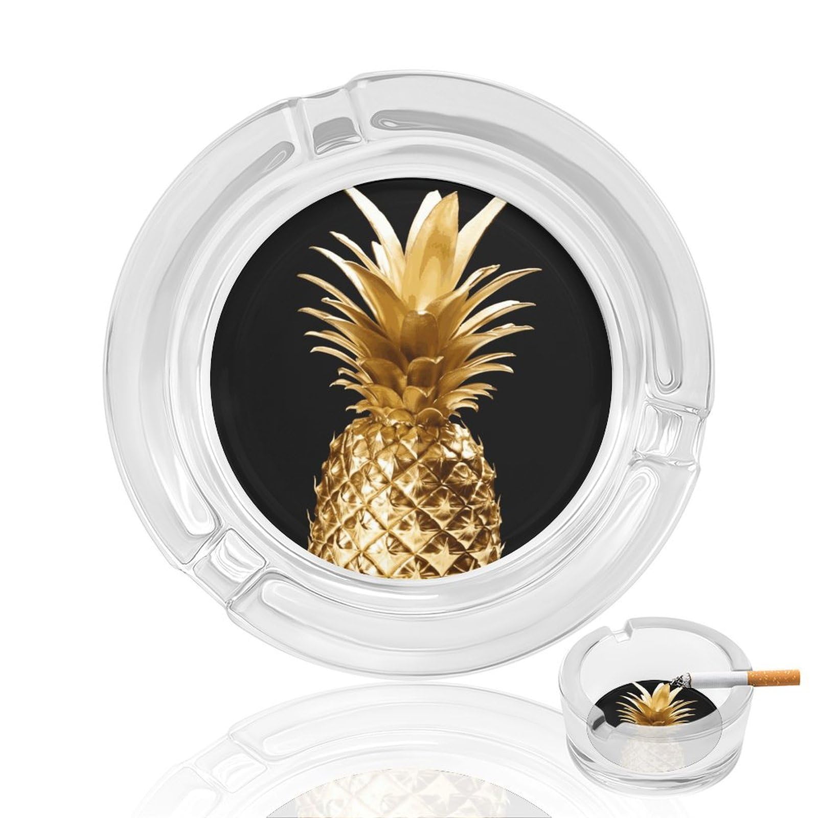 Fekiloot Men's Style Gold Pineapple Glass Ashtray For Cigarette Cigar,Cigarette Ashtray For Indoor Or Outdoor Use,Cigar Ashtrays With 3 Notches-Glass Decor Gift For Smokers