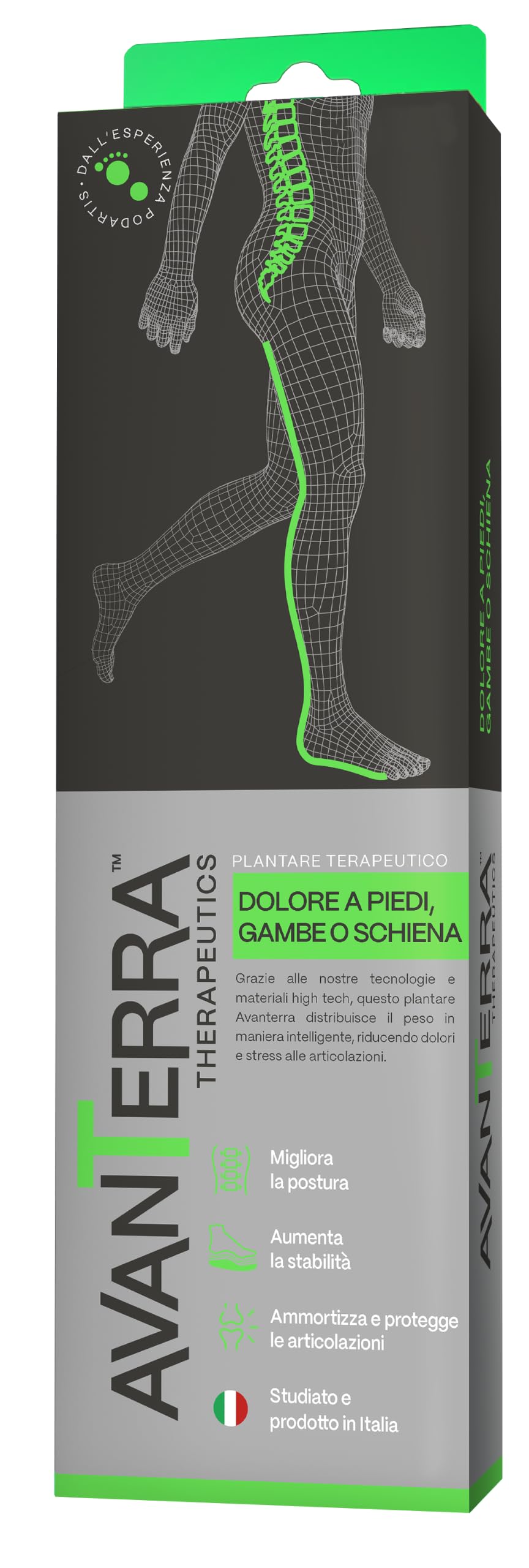 Avanterra Plantare Dolore Long Verde, Terapeutico Anti-Dolore Made in Italy con Drypod Assorbi sudore, Sollievo per Piedi, Gambe, Schiena, Tallonite e Aiuta la Postura. Comfort Tutto il Giorno (43/44)