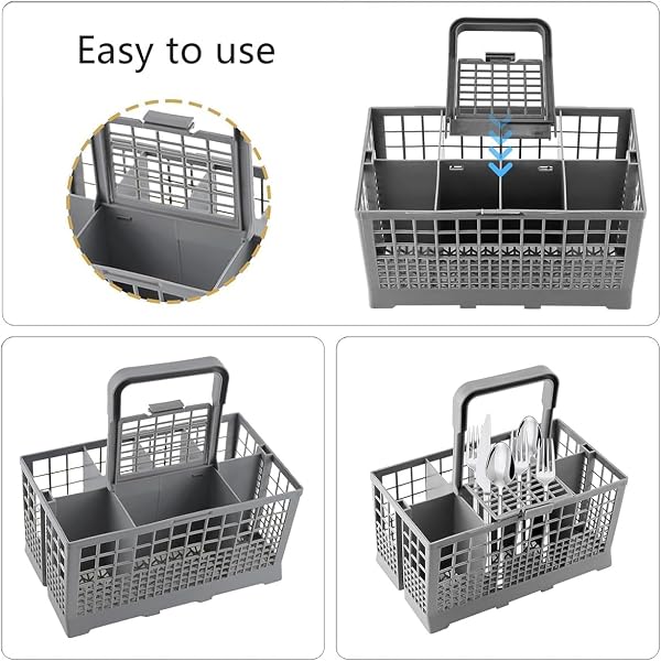 Dishwasher Cutlery Basket, Removable Handle, Dishwasher, Durable Plastic Net, 24 x 14 x 12.4 cm, Universal Replacement Parts Compatible, Grey - 4