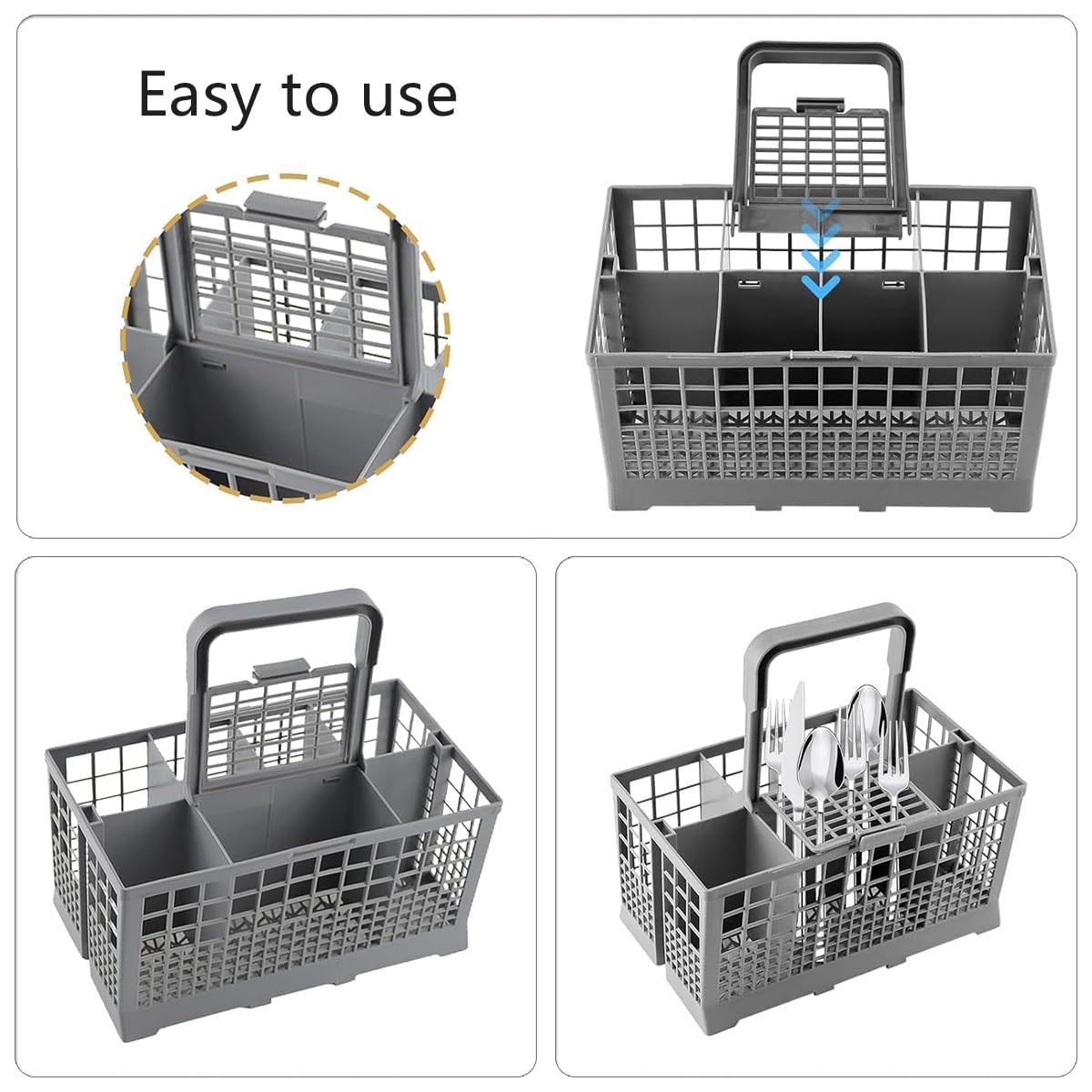 Dishwasher Cutlery Basket, Removable Handle, Dishwasher, Durable Plastic Net, 24 x 14 x 12.4 cm, Universal Replacement Parts Compatible, Grey - 4