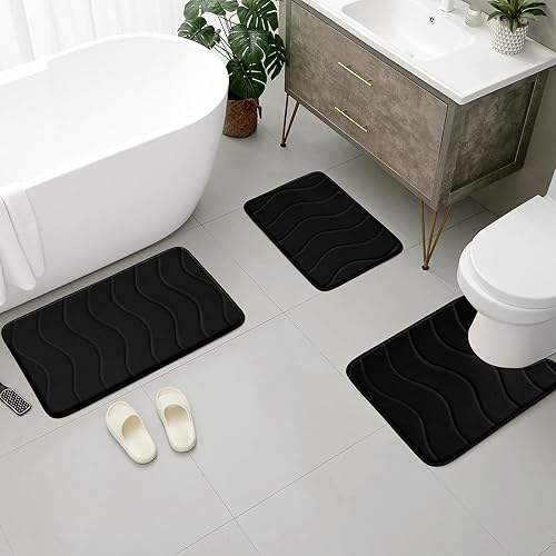Miniatura 2 de BYSURE Juego de 3 alfombras de baño de espuma viscoelástica, antideslizantes, extra absorbentes, peludas, suaves y secas para baño, juego de