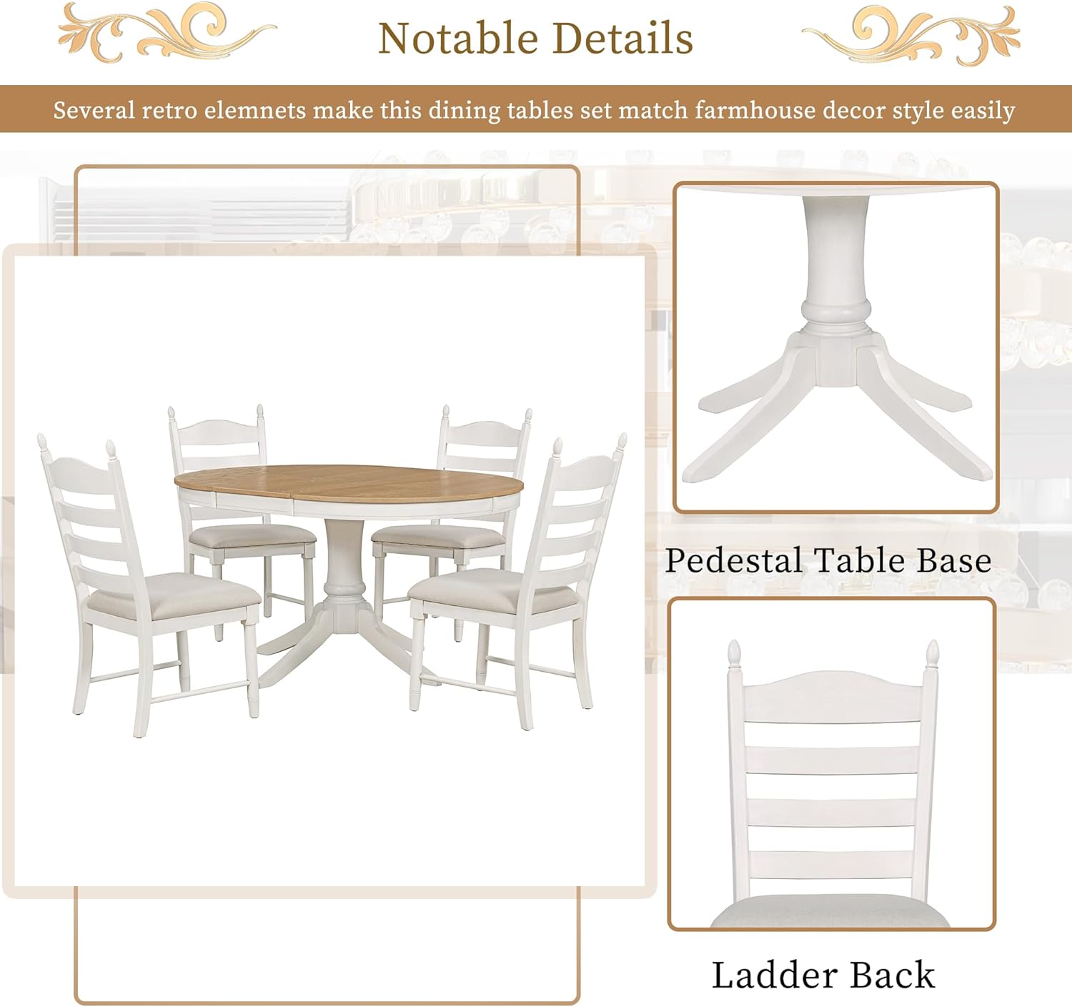 VilroCaz Retro 5-Piece Round Extendable Dining Table Set, Solid Wood 42"-58" Adjustable Table with 4 Upholstered Chairs and Special Base for Kitchen and Dining Room (Off White)