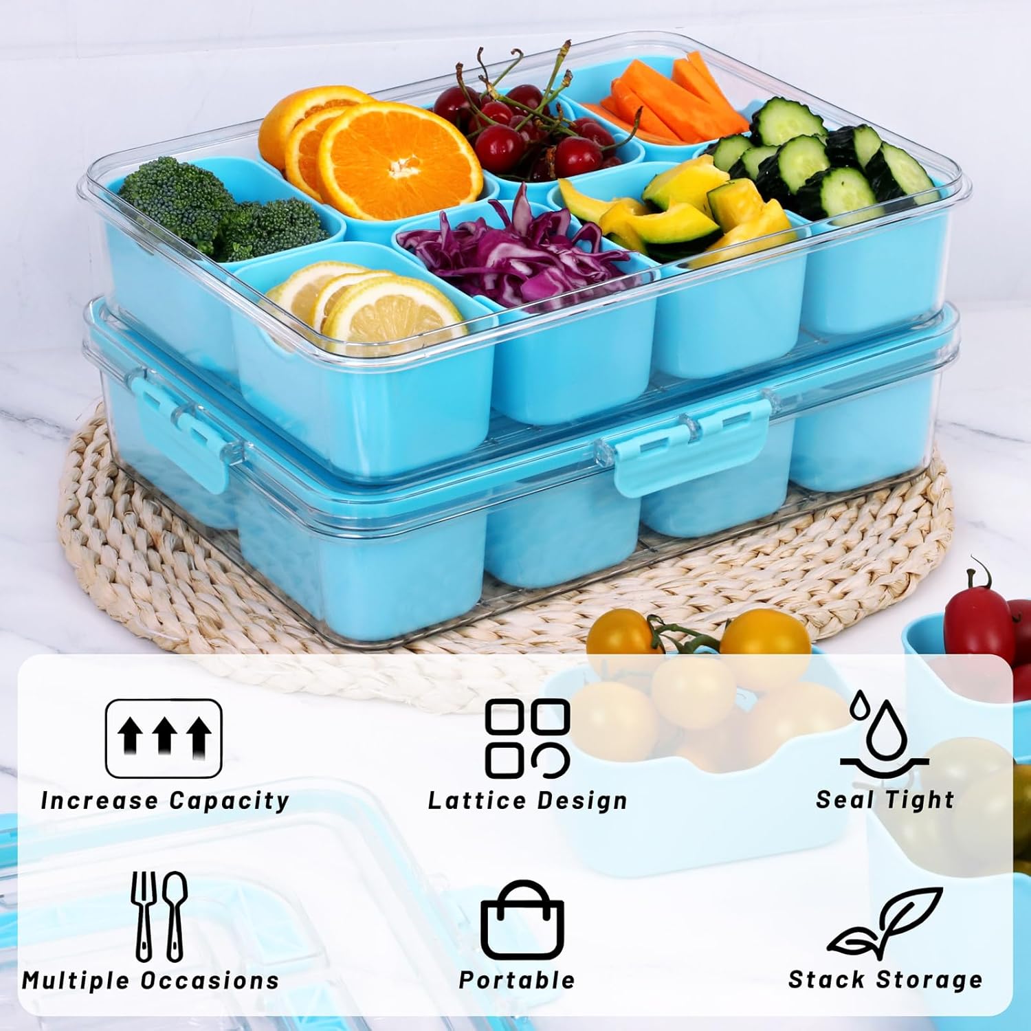 Snack Box Container with Insulated Cooler Bag, Divided Serving Tray with Lid and Handle Beach Essentials, Snackle Box Veggie Fruit Tray with 8 Compartments & 8 Forks & 2 Spoon Blue