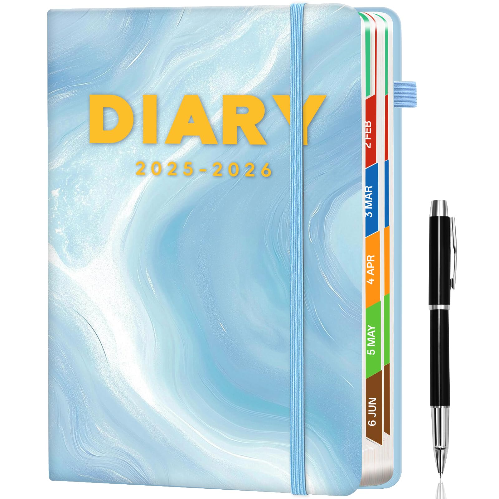 Diary A5 Page a Day,July 2025-June 2026,Full Year Daily Planner with Colorful Monthly Tabs,Pen Set & Fine Inner Pocket,5.9" 8.5" (Ocean Waves)