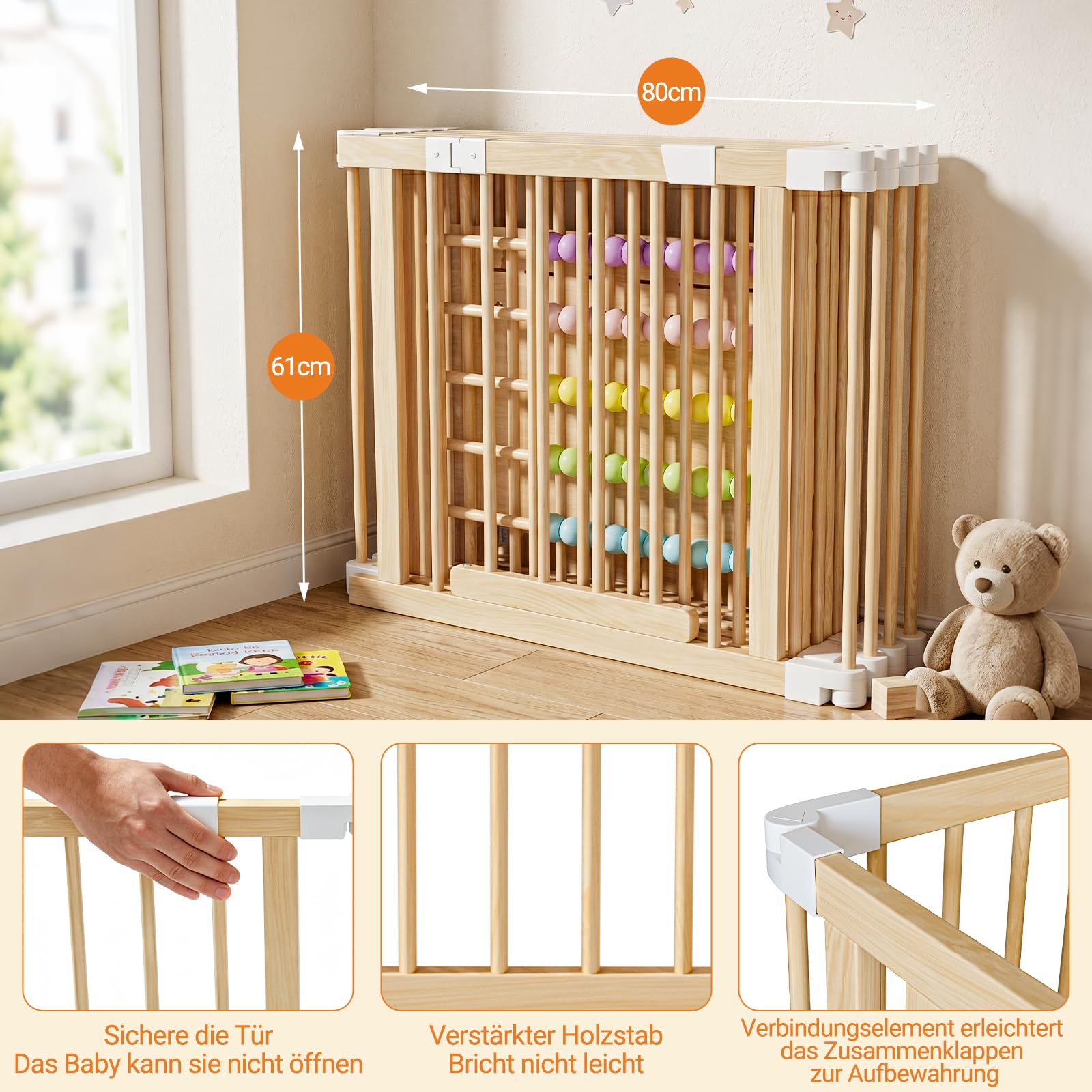 Laufstall Baby mit Spielzeug, Laufgitter Baby Faltbar aus Holz, Verstellbare Größe, mit Tür & Sicherheitsverschluss, Krabbelgitter Absperrgitter für Kleinkinder(240 * 160 * 61 cm)