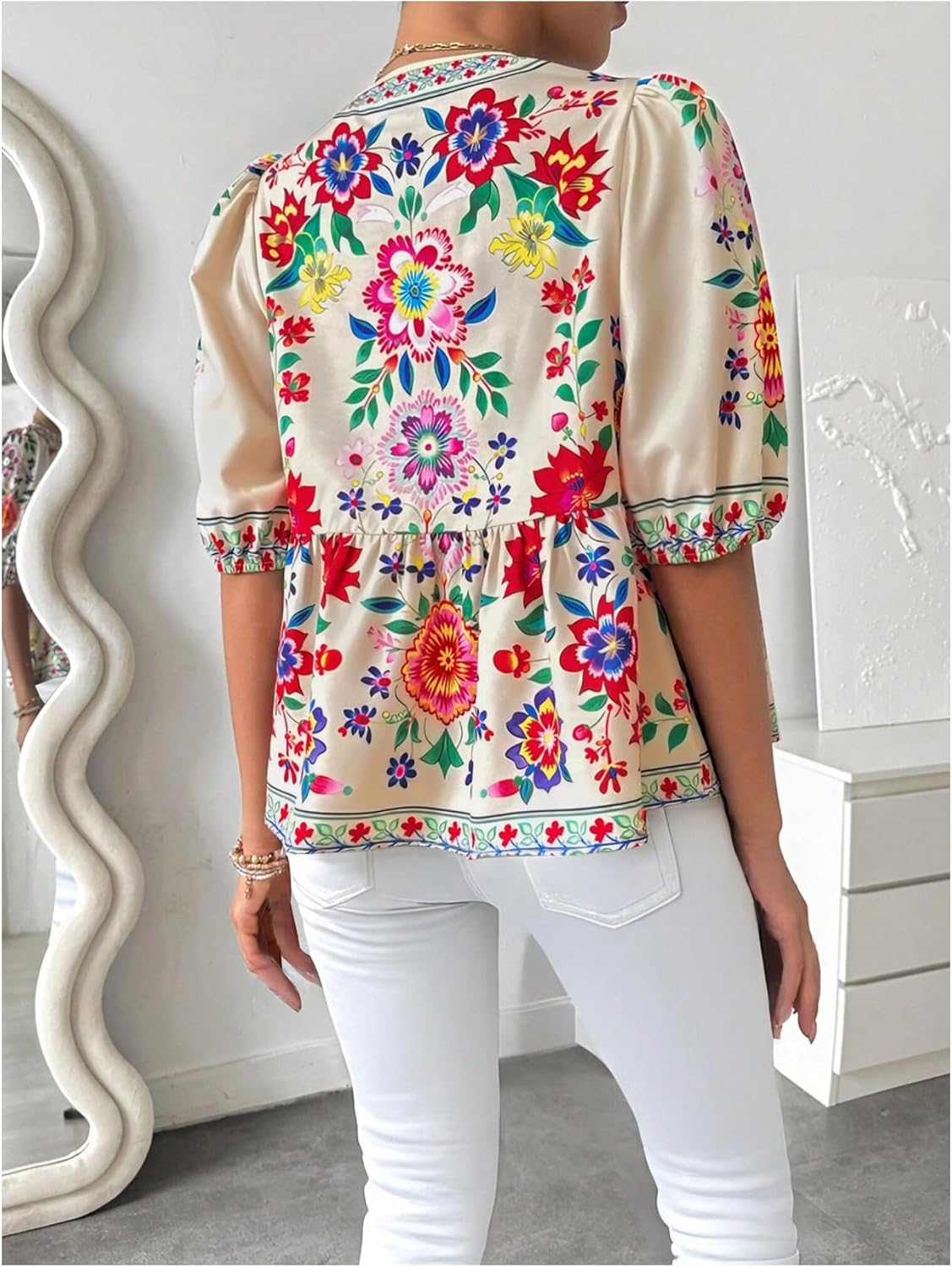 GORGLITTER Women's Tie Front Floral Peplum Tops Bow Puff Short Sleeve Babydoll Shirt - Image 3