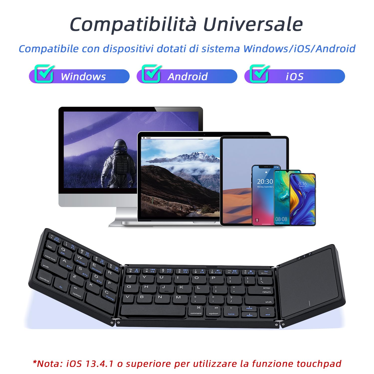 Mcbazel Tastiera senza fili pieghevole con touchpad per tablet/cellulare/PC, tastiera portatile senza fili ricaricabile supporta più dispositivi/iOS/Android/MacOS/Windows, Layout US – nero
