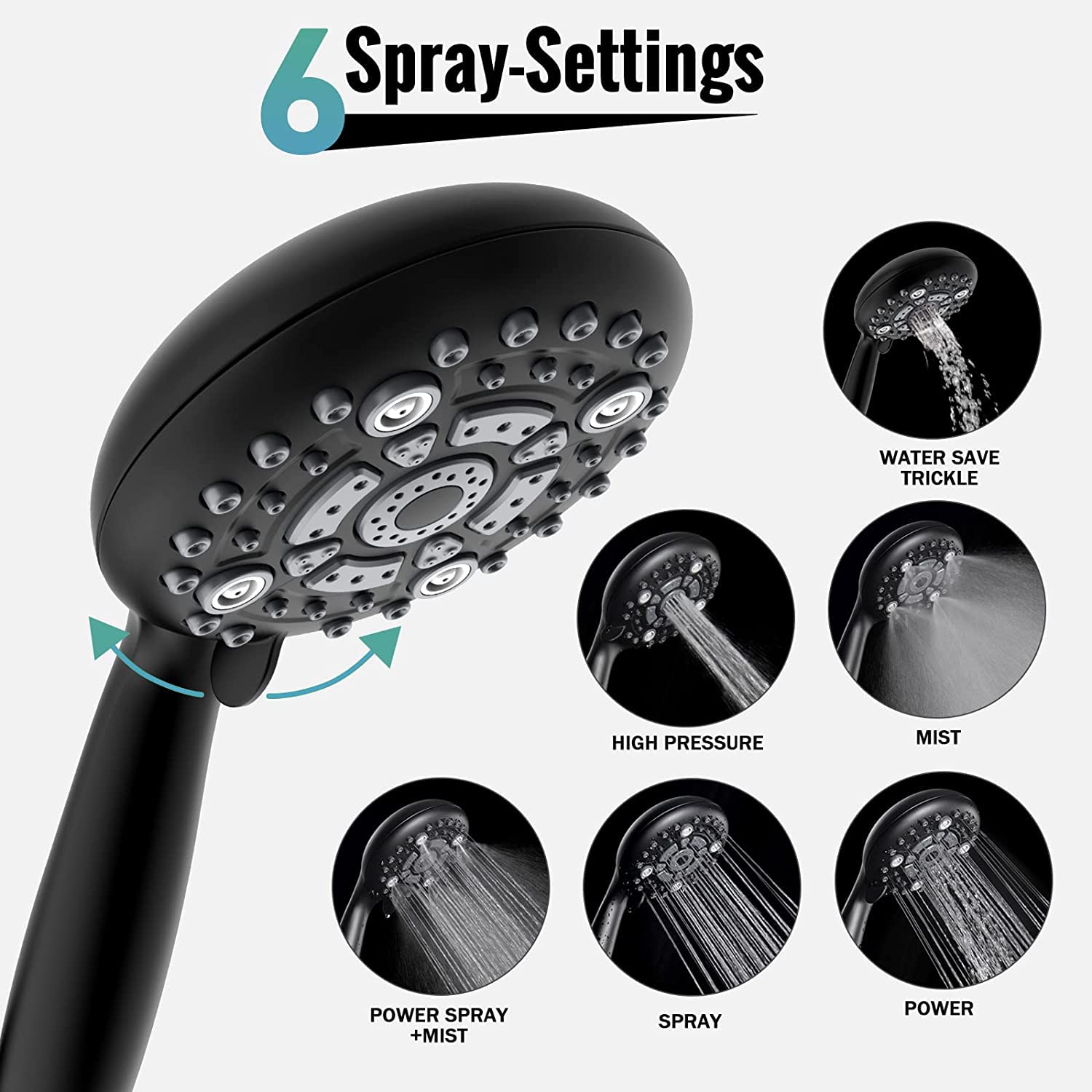Marcoware ABS Multi Function 6 Mode Bathroom Hand Shower set with Mist,Massage & Rain functions with Steel flexible tube Pipe 1.5 Meters & Hook, Black Finish 3
