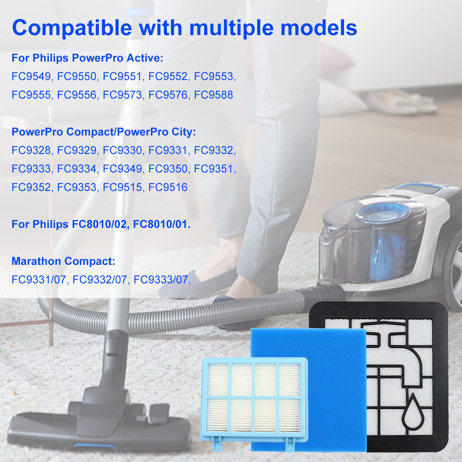 Confezione Da 2 Set Di Filtri Per Aspirapolvere Philips PowerPro Compact Fc9331 Fc9332 Fc8010 Nero E Blu Szrh A V