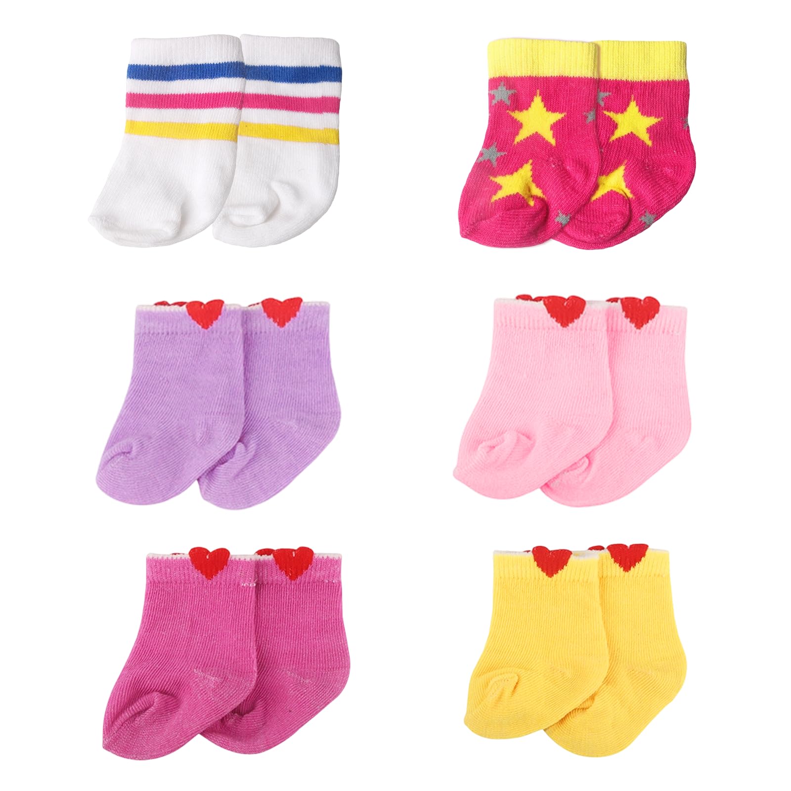 6 Pairs Colorful Doll Socks for 30-50cm Dolls, Cute Doll Clothes Socks for 12-20 Inch Dolls and 20-35cm Plush Dolls, 6 Colors, Star Pattern Striped Heart Elastic Hem, Doll Accessories Gift