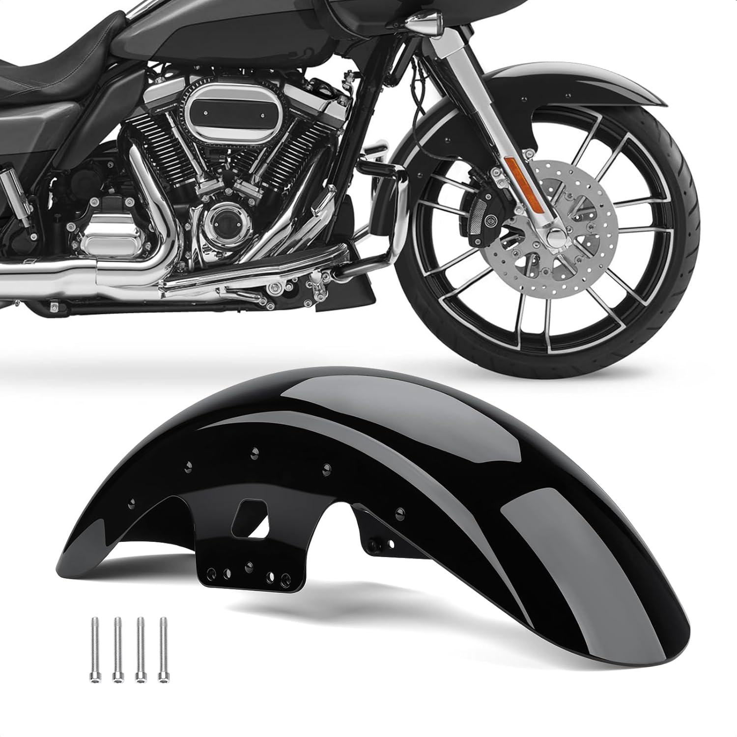 Front Mudguard, 19 inches Wheels Wrap Front Mudguard Fit for Harley Touring Road King Road Glide Electra Glide Street Glide 2014-2024 (Gloss Black A)