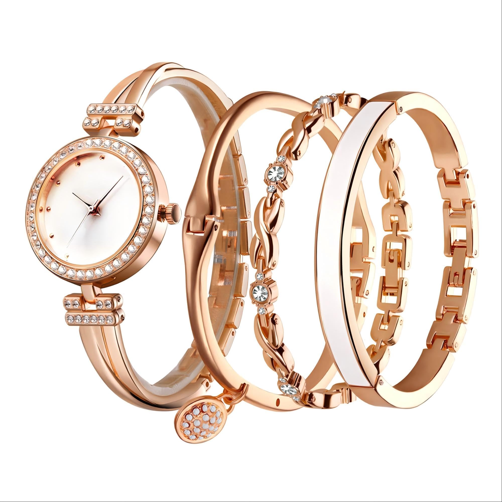 Elegant Women Watch Set, 4 Pcs Lady Watches with Bracelet Set, Analogue Quartz Diamond Watches with Stainless Steel Strap, Rose Gold Watch and Bracelet Set