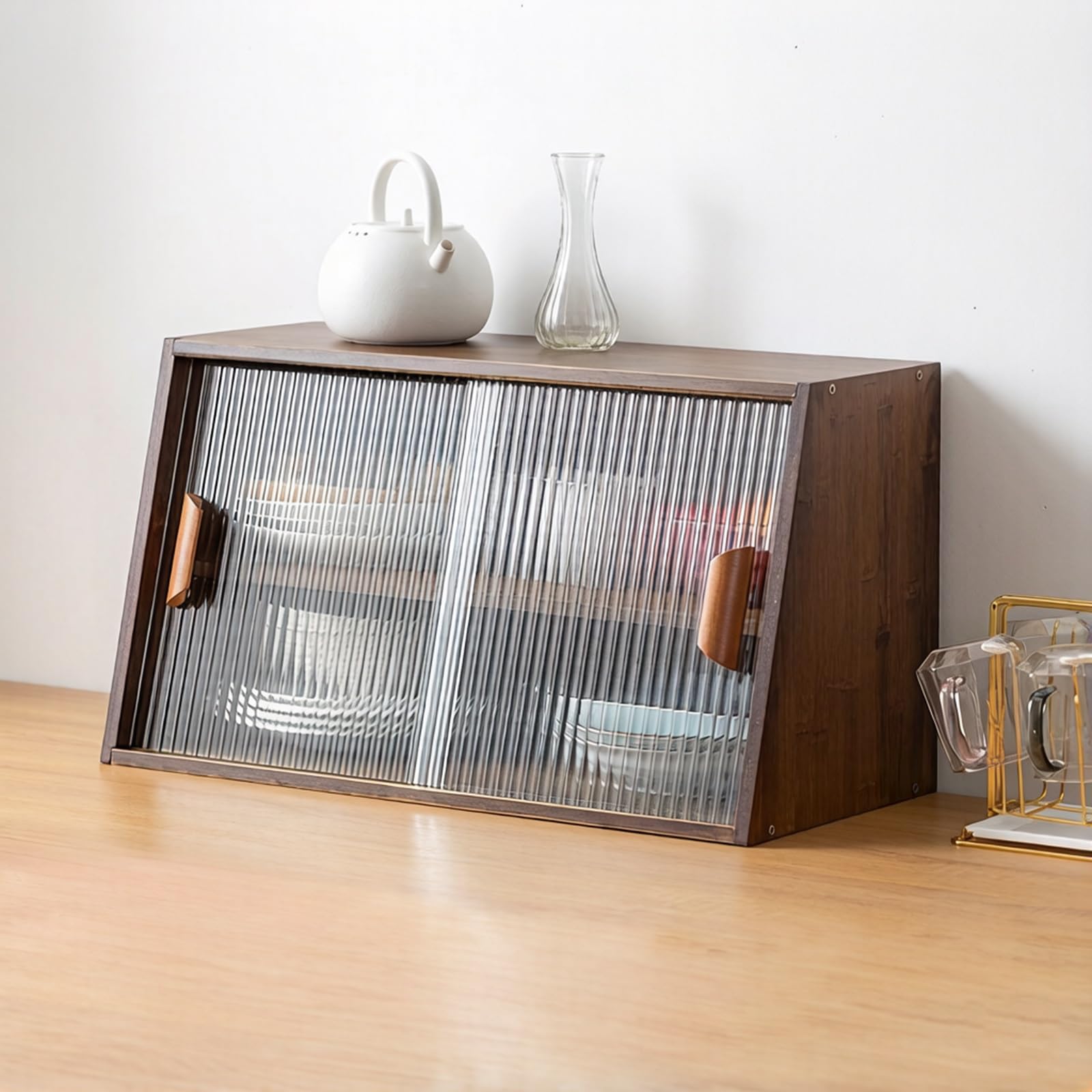 Natural Bread Box For Kitchen Countertop Sliding Acrylic Doors Slant Top Sto Cabinet For Coffee Bar & Tea Cups,Walnut Color-60*29*35Cm/23.6*11.4*13.8In,Walnut Color-60*29*35cm/23.6*11.4*13.8in